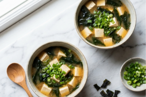 Miso sriuba su tofu sūriu, dumblias ir svogūnų laiškais dubenėlyje ant šviesaus marmuro