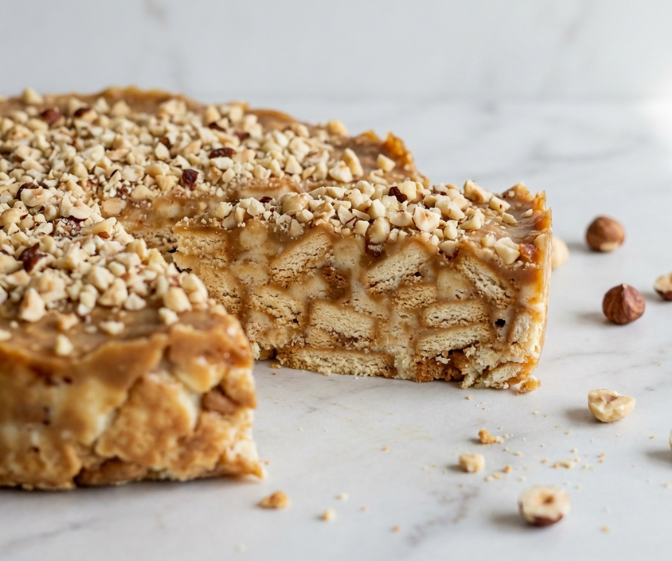 Baltojo tinginio receptas su lazdyno riešutais ir kondensuotu pienu, patiektas ant marmurinio stalo