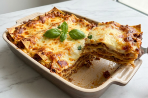 Klasikinė namų lazanija receptas su lydytu sūriu ir šviežiais bazilikais
