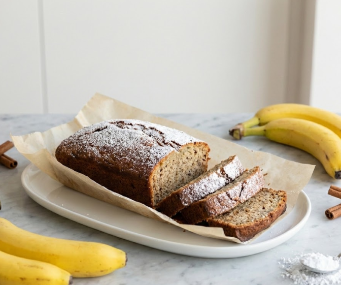 Minkšta ir drėgna bananų duona apibarstyta cukraus pudra ant šviesaus marmurinio stalviršio