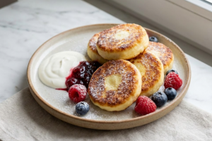 Auksiniai kepti varškėčiai patiekti su grietine ir uogomis ant šviesaus marmurinio stalviršio