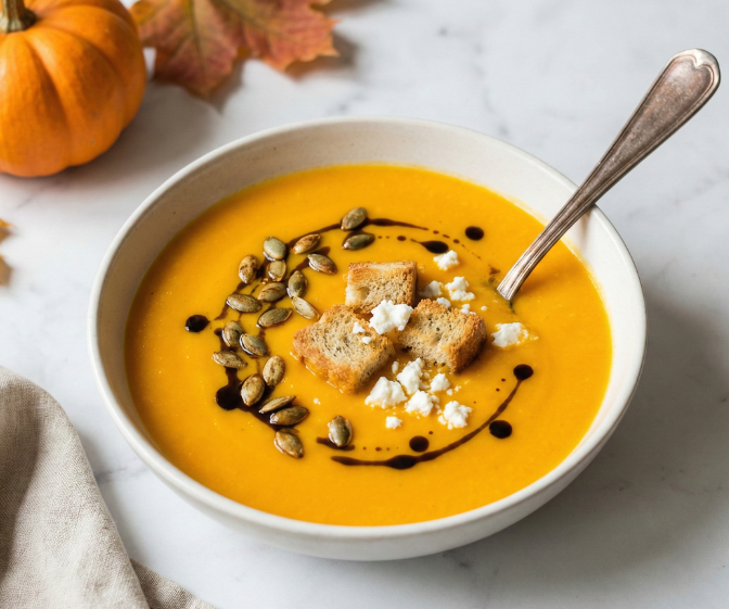 Kreminė moliūgų sriuba su sėklomis ir grietinėle baltame dubenėlyje ant šviesaus marmurinio stalviršio