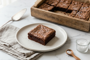 Lėkštėje patiektas drėgnas šokoladinis pyragas su jūros druska ant marmurinio stalviršio - tai geriausias brownie receptas namuose.