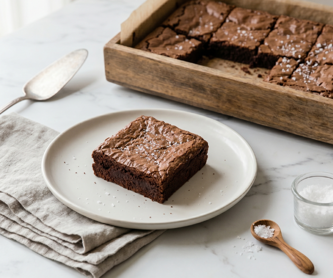 Lėkštėje patiektas drėgnas šokoladinis pyragas su jūros druska ant marmurinio stalviršio - tai geriausias brownie receptas namuose