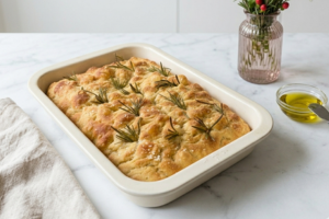 Itališka focaccia duona be minkymo su šviežiais rozmarinais ant šviesaus marmuro