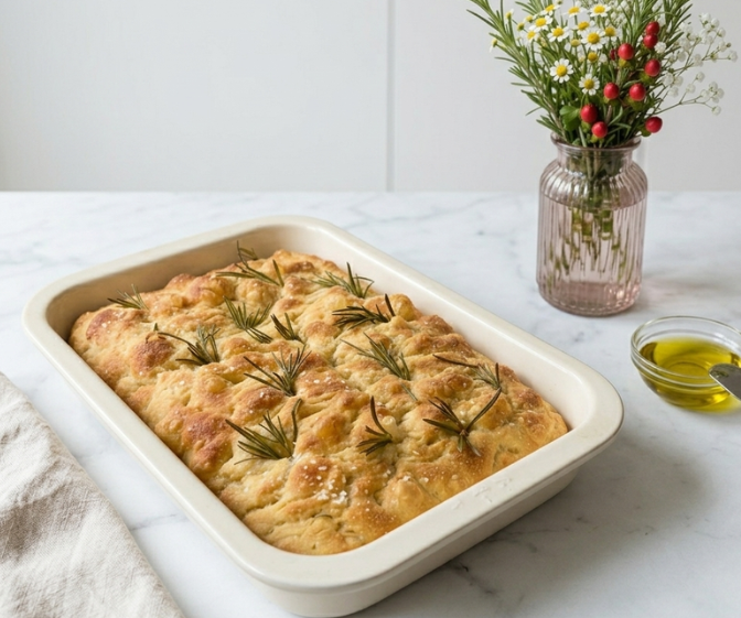 Itališka focaccia receptas duona be minkymo su šviežiais rozmarinais ant šviesaus marmuro