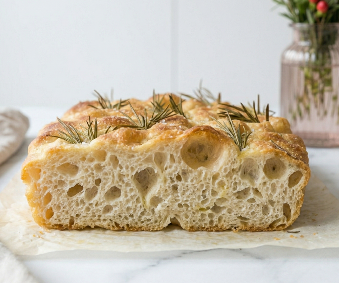 Itališka focaccia duona be minkymo su šviežiais rozmarinais ant šviesaus marmuro perpjautas