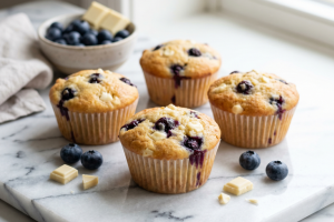 Šviesiame fone ant marmurinio stalviršio patiekti drėgni keksiukai su mėlynėmis ir baltuoju šokoladu, tai tobulas keksiukų receptas jūsų šventei