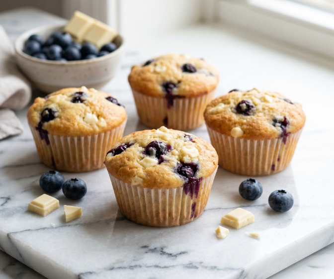 Šviesiame fone ant marmurinio stalviršio patiekti drėgni keksiukai su mėlynėmis ir baltuoju šokoladu, tai tobulas keksiukų receptas jūsų šventei