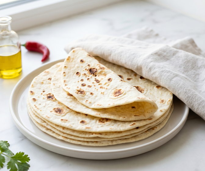 Tortilijų receptai – naminės miltinės tortilijos ant pilkos lėkštės su čili pipirais ir alyvuogių aliejumi ant marmuro stalviršio