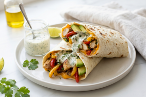 Tortilijų receptai – naminės miltinės tortilijos ant pilkos lėkštės su čili pipirais ir alyvuogių aliejumi ant marmuro stalviršio