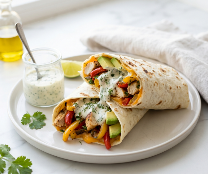 Tortilijų receptai – perpjautas vištienos burrito su skrudintomis paprikomis, avokadu ir česnakinio padažo užpilu ant baltos lėkštės