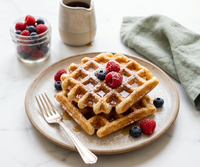 Auksinės spalvos traškūs vafliai su šviežiomis uogomis ir klevų sirupu lėkštėje - geriausias vaflių receptas namuose